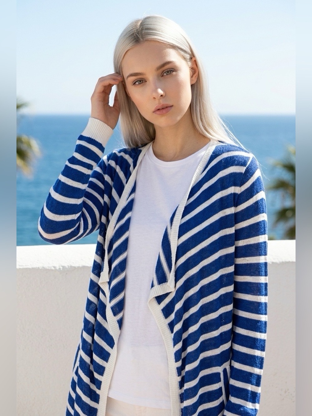 Bass Striped Open Front Cardigan Womens Large 100% Cotton Nautical Coastal Boho